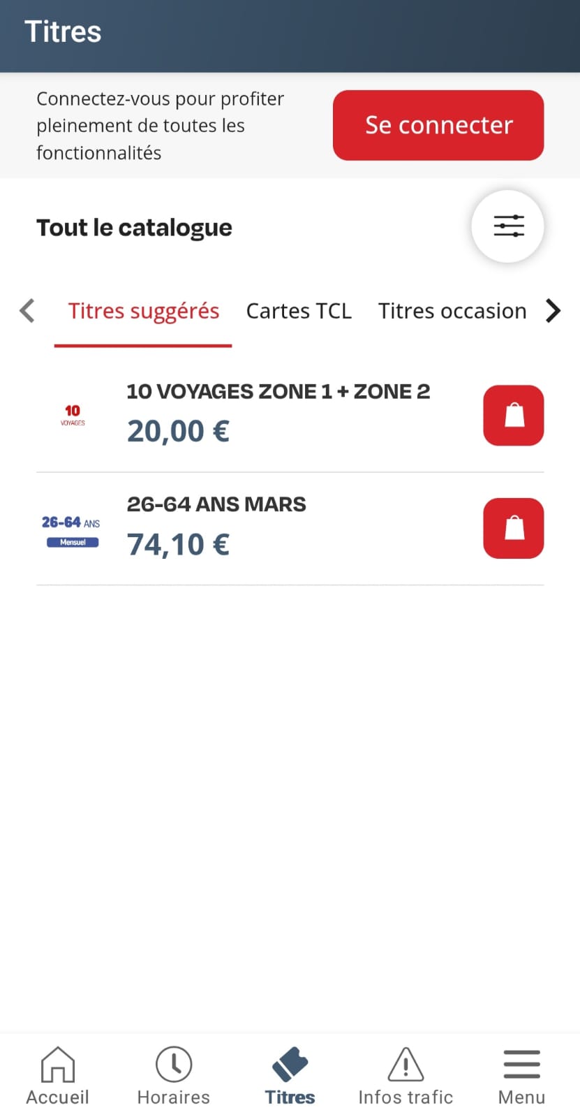 Onglet titres dans l'application TCL